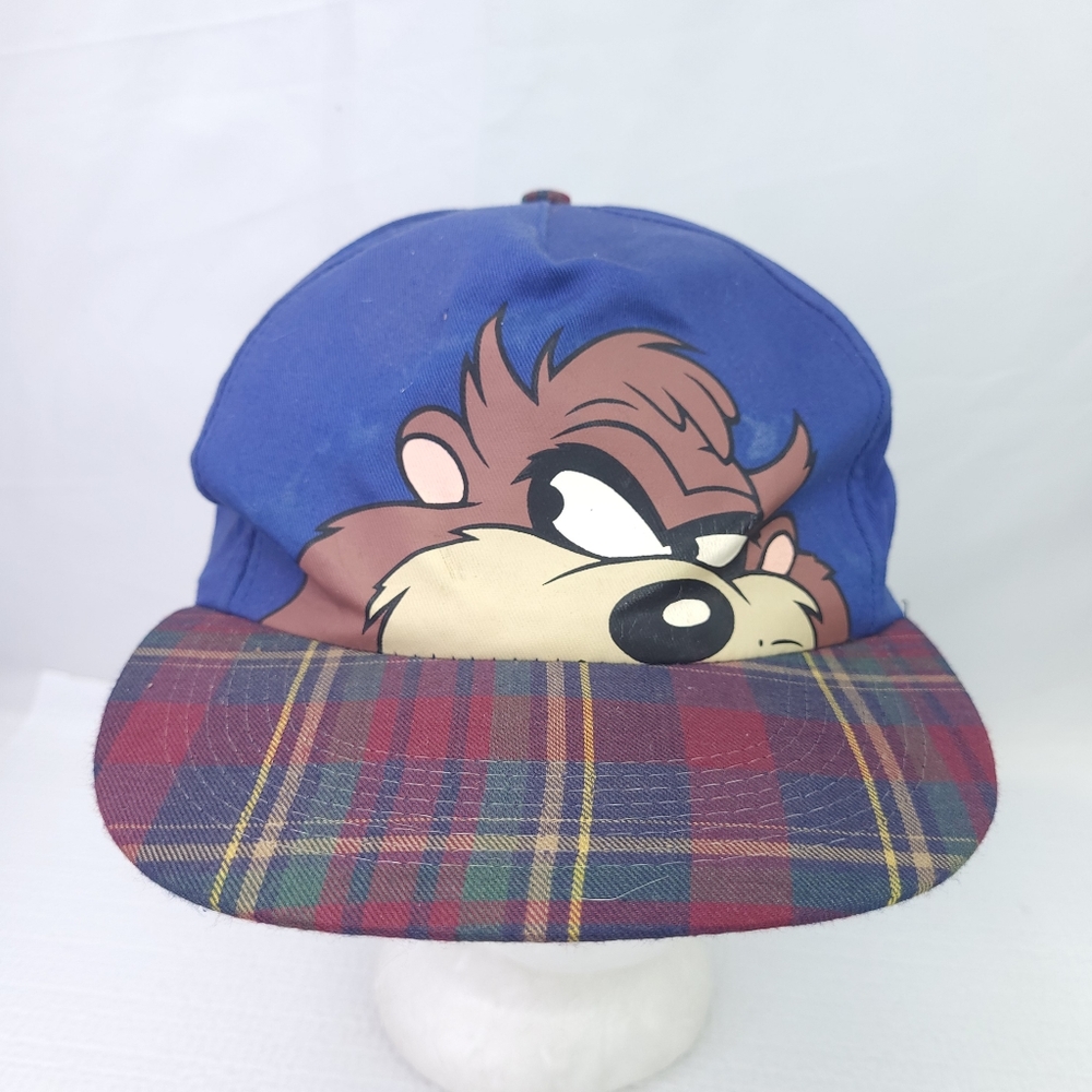 Vintage 90s Taz Warner Bros Snap Back Hat Big Print Tasmanian Devil Plaid Cap
